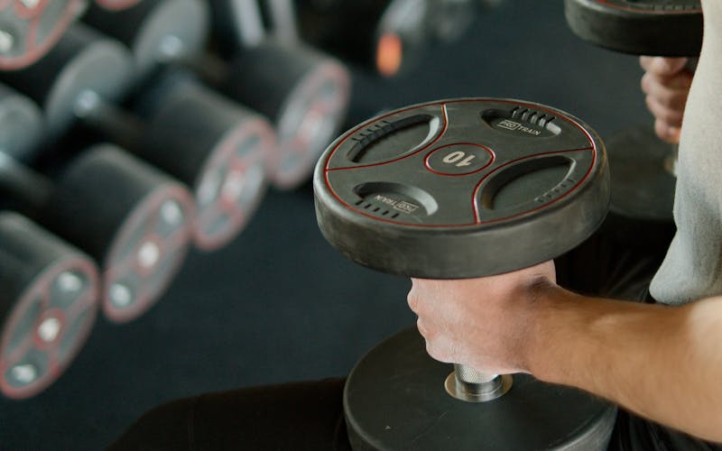 Close-up of adjustable dumbbells on a rack